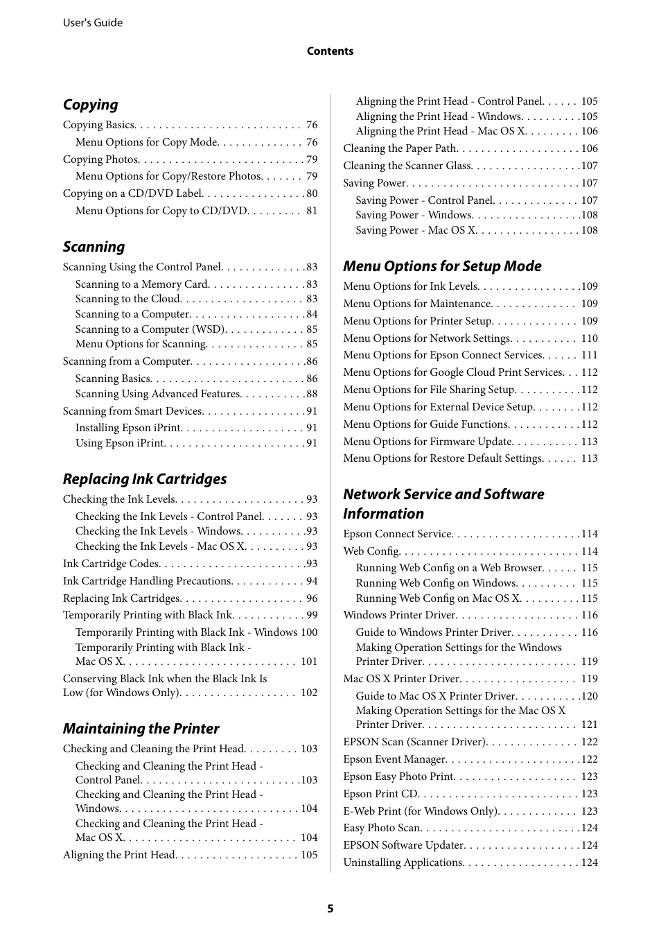 Copying, Scanning, Replacing ink cartridges | Maintaining the printer, Menu options for setup mode, Network service and software information | Epson Expression Premium XP-635 Refurbished User Manual | Page 5 / 160