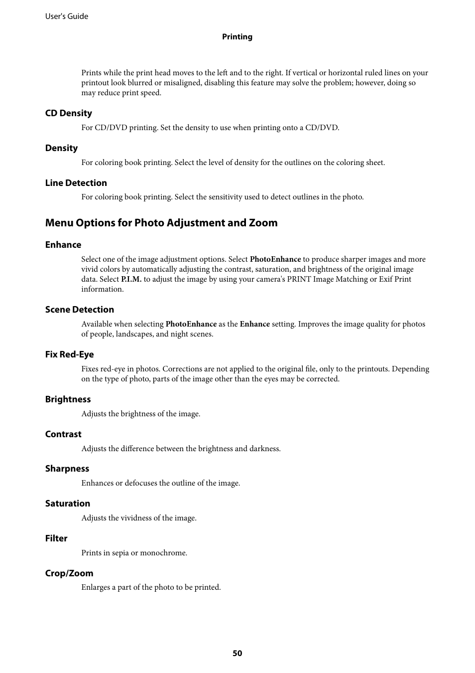 Menu options for photo adjustment and zoom | Epson Expression Premium XP-635 Refurbished User Manual | Page 50 / 160