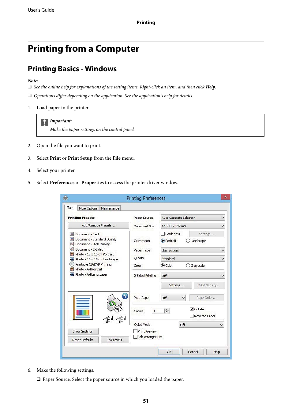 Printing from a computer, Printing basics - windows | Epson Expression Premium XP-635 Refurbished User Manual | Page 51 / 160