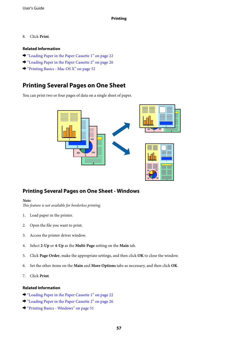 Printing several pages on one sheet, Printing several pages on one sheet - windows | Epson Expression Premium XP-635 Refurbished User Manual | Page 57 / 160