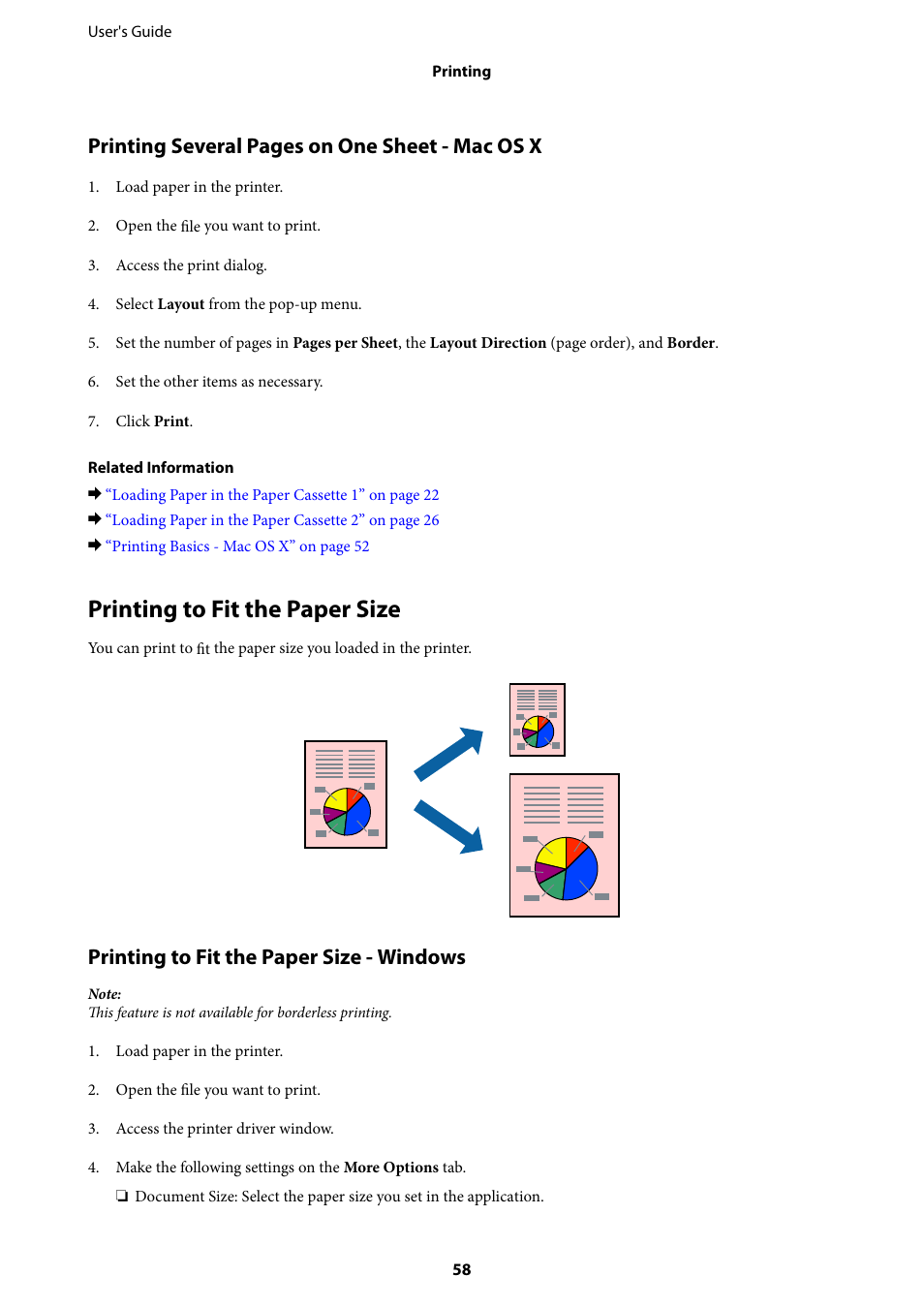 Printing to fit the paper size, Printing several pages on one sheet - mac os x, Printing to fit the paper size - windows | Epson Expression Premium XP-635 Refurbished User Manual | Page 58 / 160