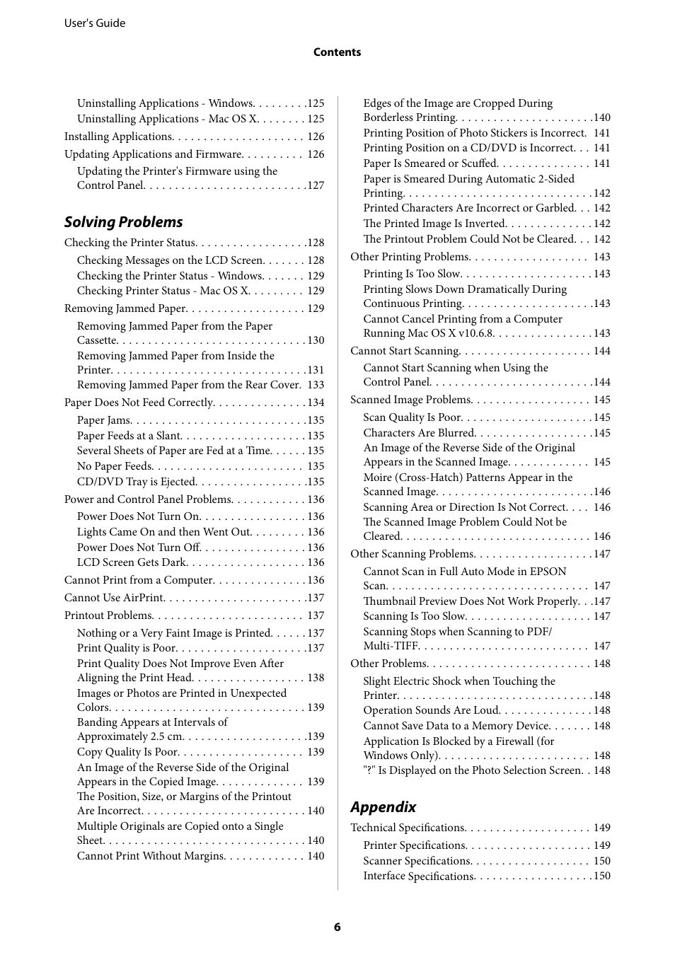 Solving problems, Appendix | Epson Expression Premium XP-635 Refurbished User Manual | Page 6 / 160