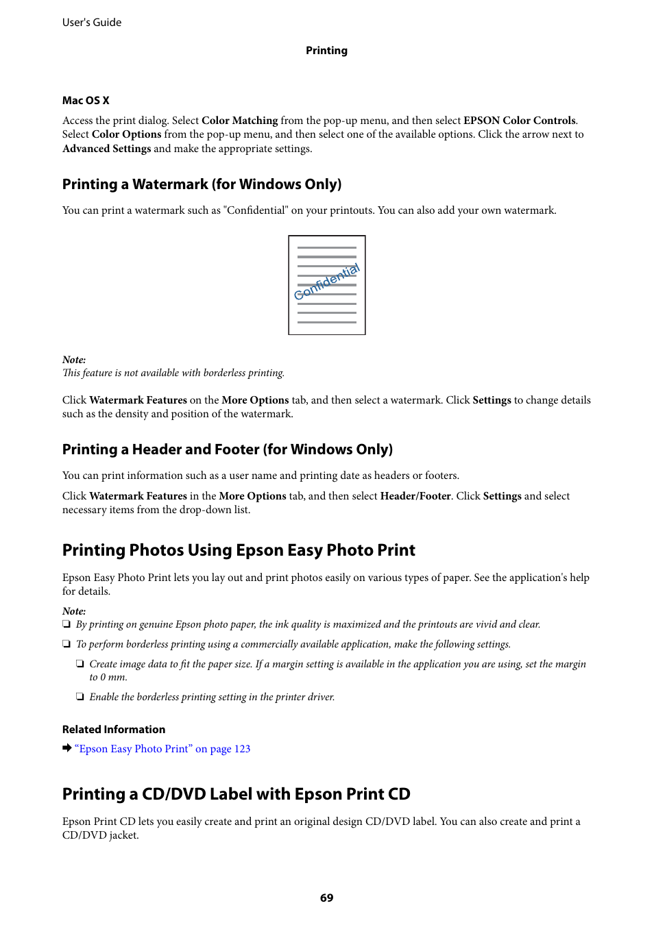 Printing photos using epson easy photo print, Printing a cd/dvd label with epson print cd, Printing a watermark (for windows only) | Printing a header and footer (for windows only) | Epson Expression Premium XP-635 Refurbished User Manual | Page 69 / 160