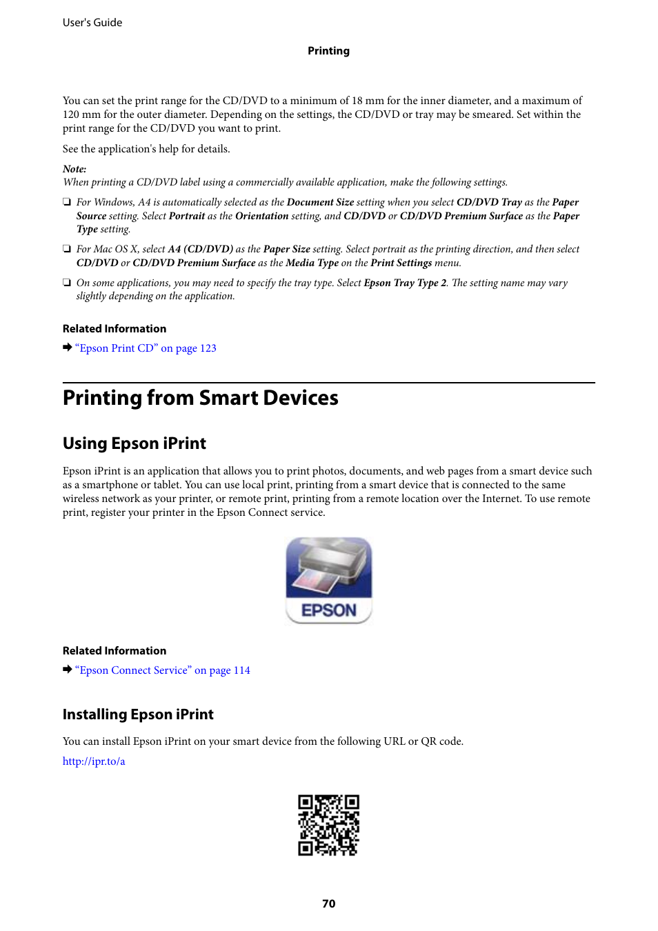 Printing from smart devices, Using epson iprint, Installing epson iprint | Epson Expression Premium XP-635 Refurbished User Manual | Page 70 / 160