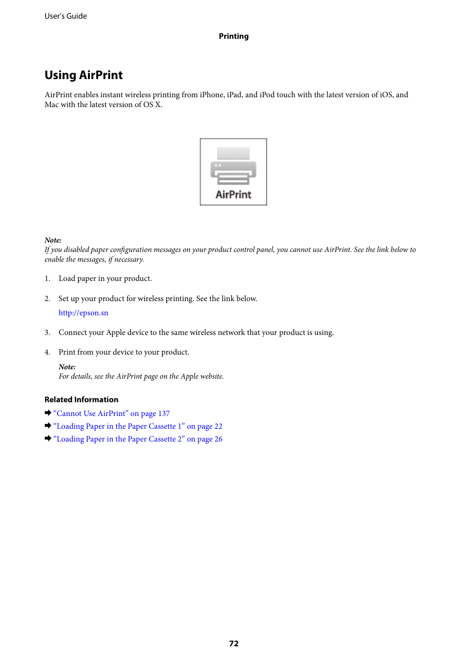 Using airprint | Epson Expression Premium XP-635 Refurbished User Manual | Page 72 / 160