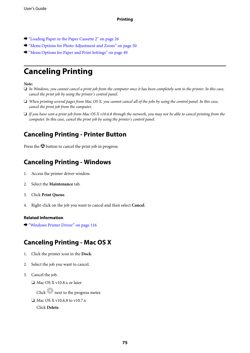 Canceling printing, Canceling printing - printer button, Canceling printing - windows | Canceling printing - mac os x | Epson Expression Premium XP-635 Refurbished User Manual | Page 75 / 160