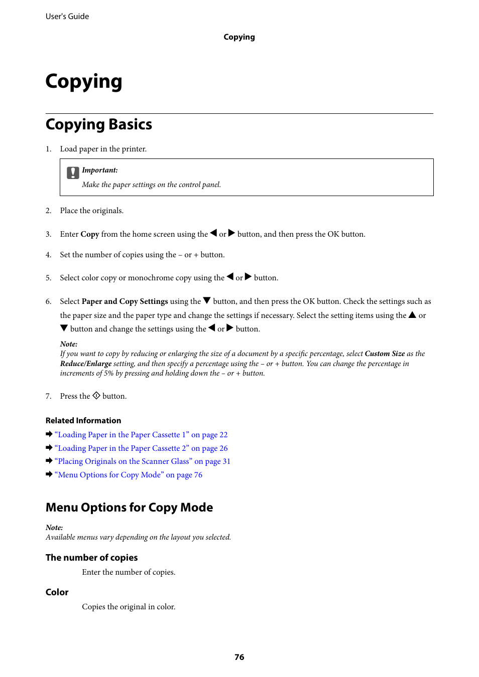 Copying, Copying basics, Menu options for copy mode | Epson Expression Premium XP-635 Refurbished User Manual | Page 76 / 160