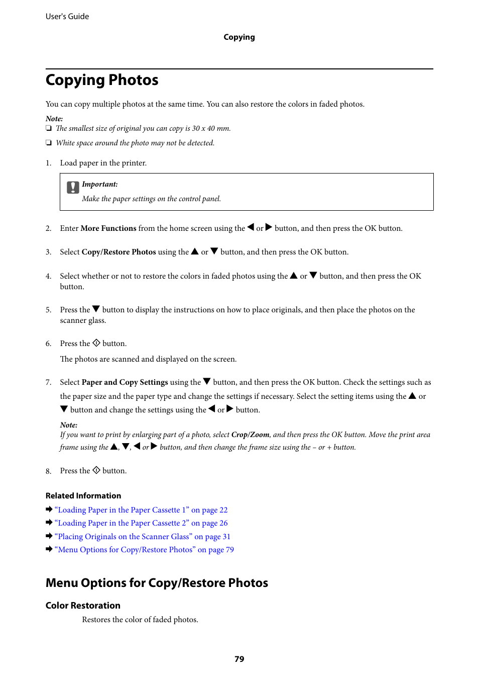 Copying photos, Menu options for copy/restore photos | Epson Expression Premium XP-635 Refurbished User Manual | Page 79 / 160