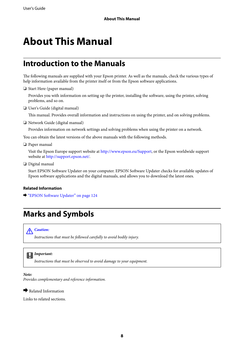 About this manual, Introduction to the manuals, Marks and symbols | Epson Expression Premium XP-635 Refurbished User Manual | Page 8 / 160