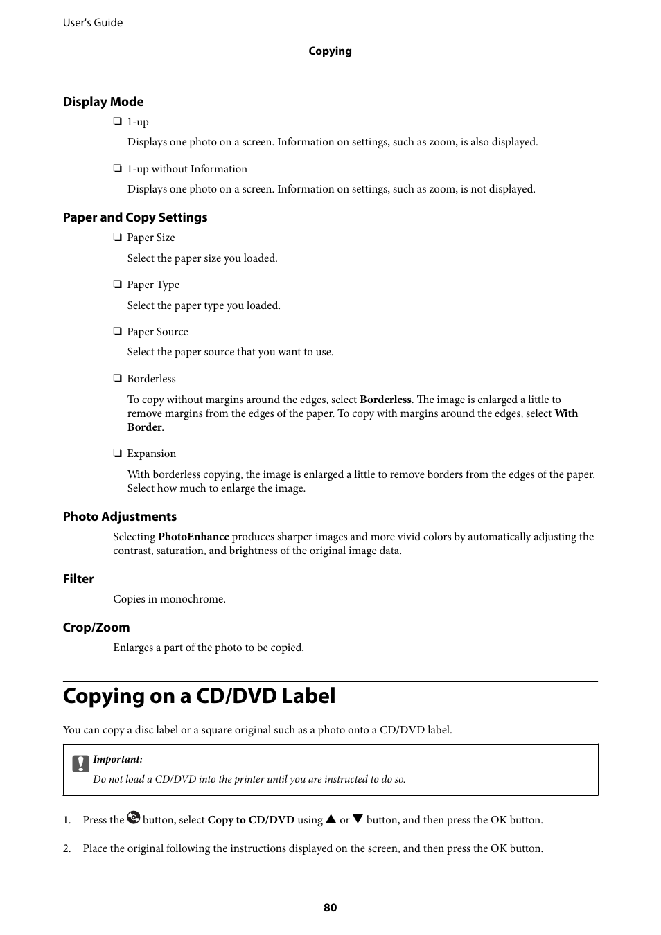 Copying on a cd/dvd label | Epson Expression Premium XP-635 Refurbished User Manual | Page 80 / 160