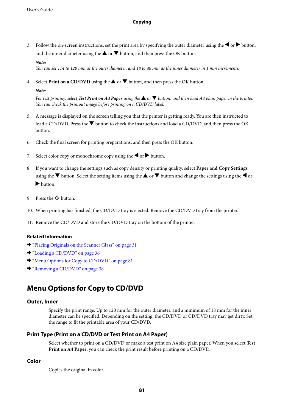 Menu options for copy to cd/dvd | Epson Expression Premium XP-635 Refurbished User Manual | Page 81 / 160