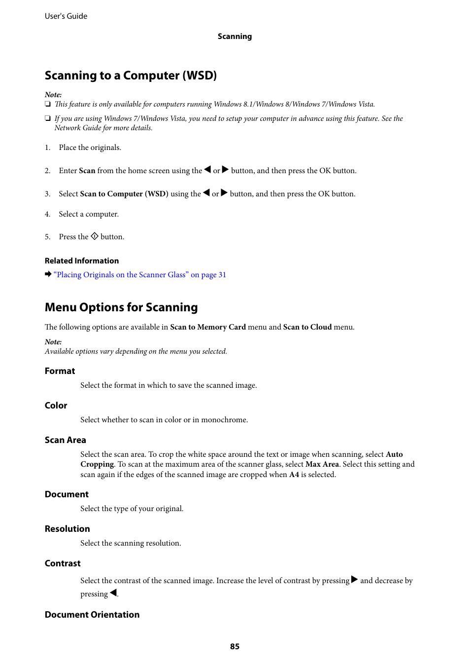 Scanning to a computer (wsd), Menu options for scanning | Epson Expression Premium XP-635 Refurbished User Manual | Page 85 / 160