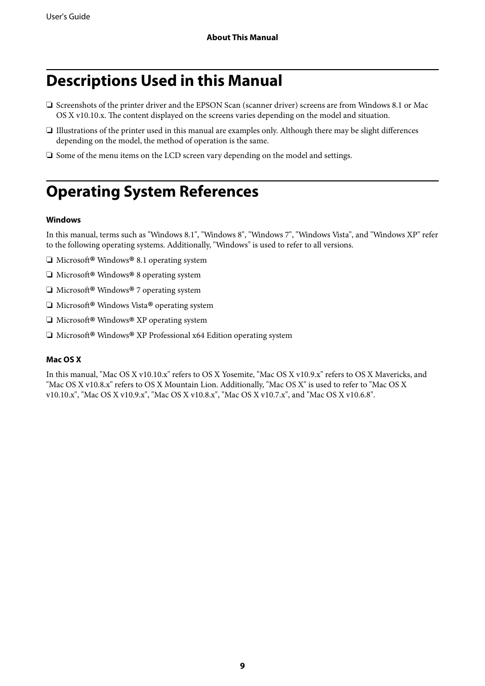 Descriptions used in this manual, Operating system references | Epson Expression Premium XP-635 Refurbished User Manual | Page 9 / 160