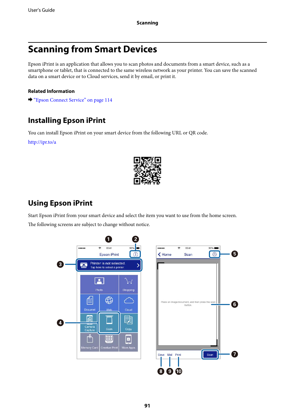 Scanning from smart devices, Installing epson iprint, Using epson iprint | Installing epson iprint using epson iprint | Epson Expression Premium XP-635 Refurbished User Manual | Page 91 / 160