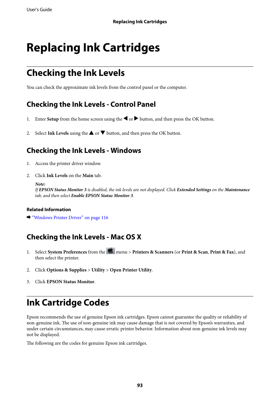 Replacing ink cartridges, Checking the ink levels, Checking the ink levels - control panel | Checking the ink levels - windows, Checking the ink levels - mac os x, Ink cartridge codes | Epson Expression Premium XP-635 Refurbished User Manual | Page 93 / 160