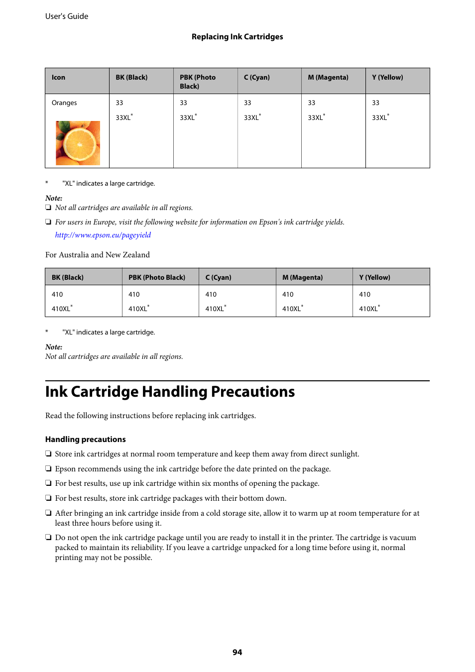 Ink cartridge handling precautions | Epson Expression Premium XP-635 Refurbished User Manual | Page 94 / 160