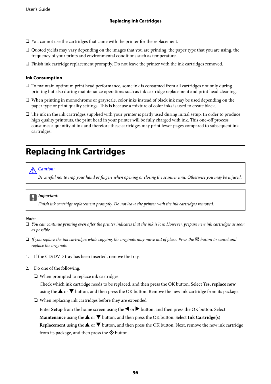 Replacing ink cartridges | Epson Expression Premium XP-635 Refurbished User Manual | Page 96 / 160