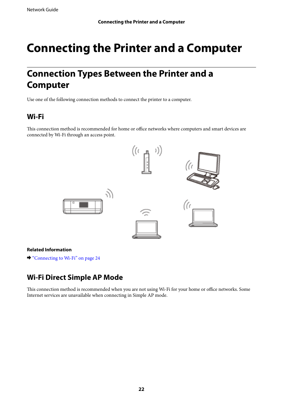 Connecting the printer and a computer, Wi-fi, Wi-fi direct simple ap mode | Wi-fi wi-fi direct simple ap mode | Epson Expression Premium XP-635 Refurbished User Manual | Page 22 / 91