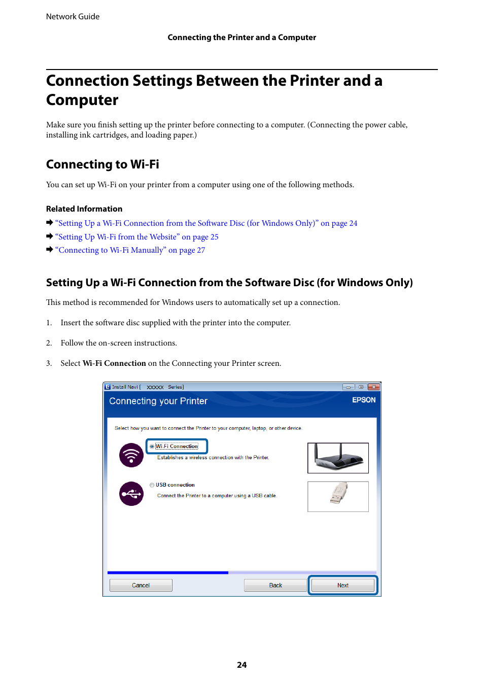 Connecting to wi-fi | Epson Expression Premium XP-635 Refurbished User Manual | Page 24 / 91