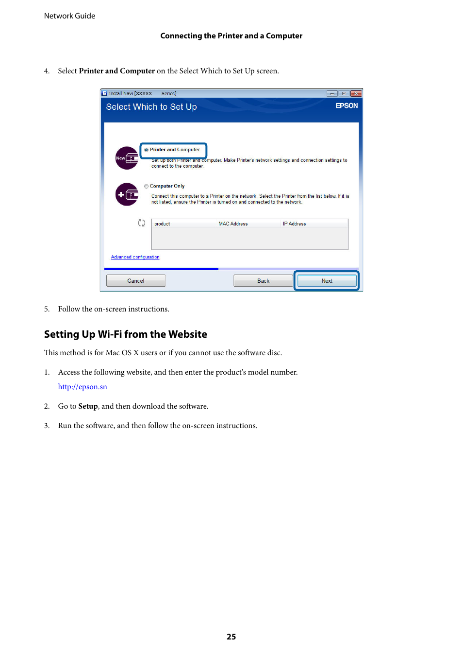 Setting up wi-fi from the website | Epson Expression Premium XP-635 Refurbished User Manual | Page 25 / 91