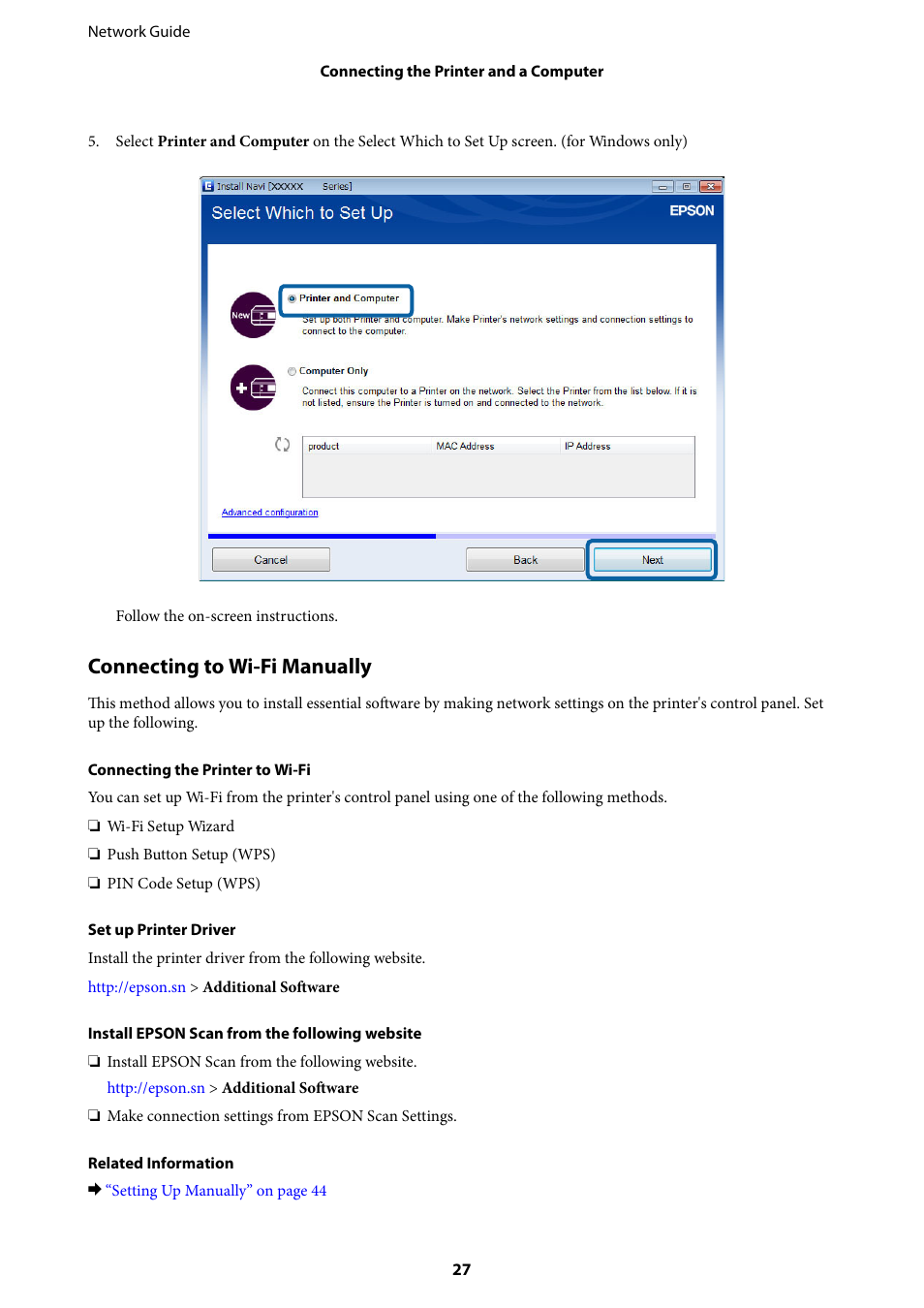 Connecting to wi-fi manually | Epson Expression Premium XP-635 Refurbished User Manual | Page 27 / 91