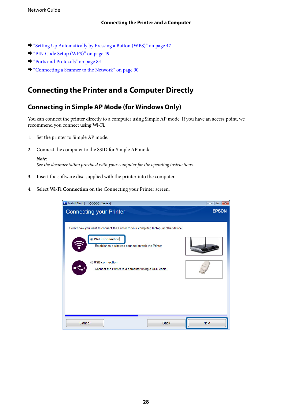 Connecting the printer and a computer directly, Connecting in simple ap mode (for windows only) | Epson Expression Premium XP-635 Refurbished User Manual | Page 28 / 91