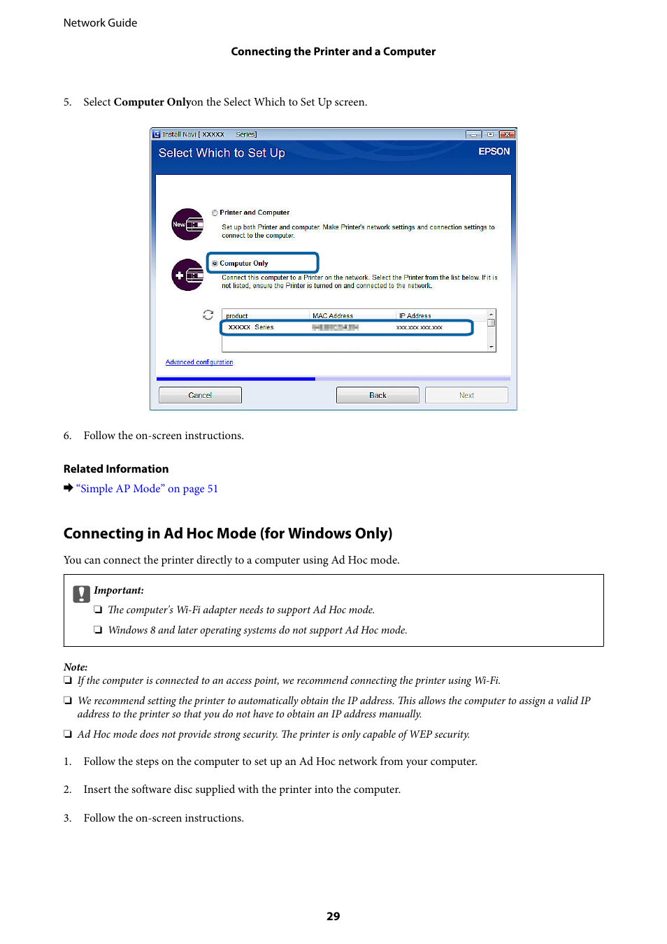 Connecting in ad hoc mode (for windows only) | Epson Expression Premium XP-635 Refurbished User Manual | Page 29 / 91