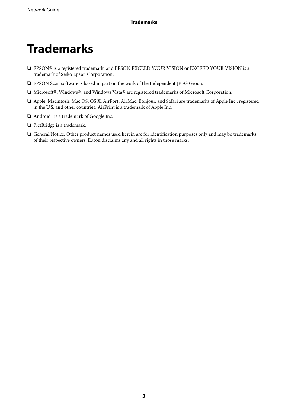 Trademarks | Epson Expression Premium XP-635 Refurbished User Manual | Page 3 / 91