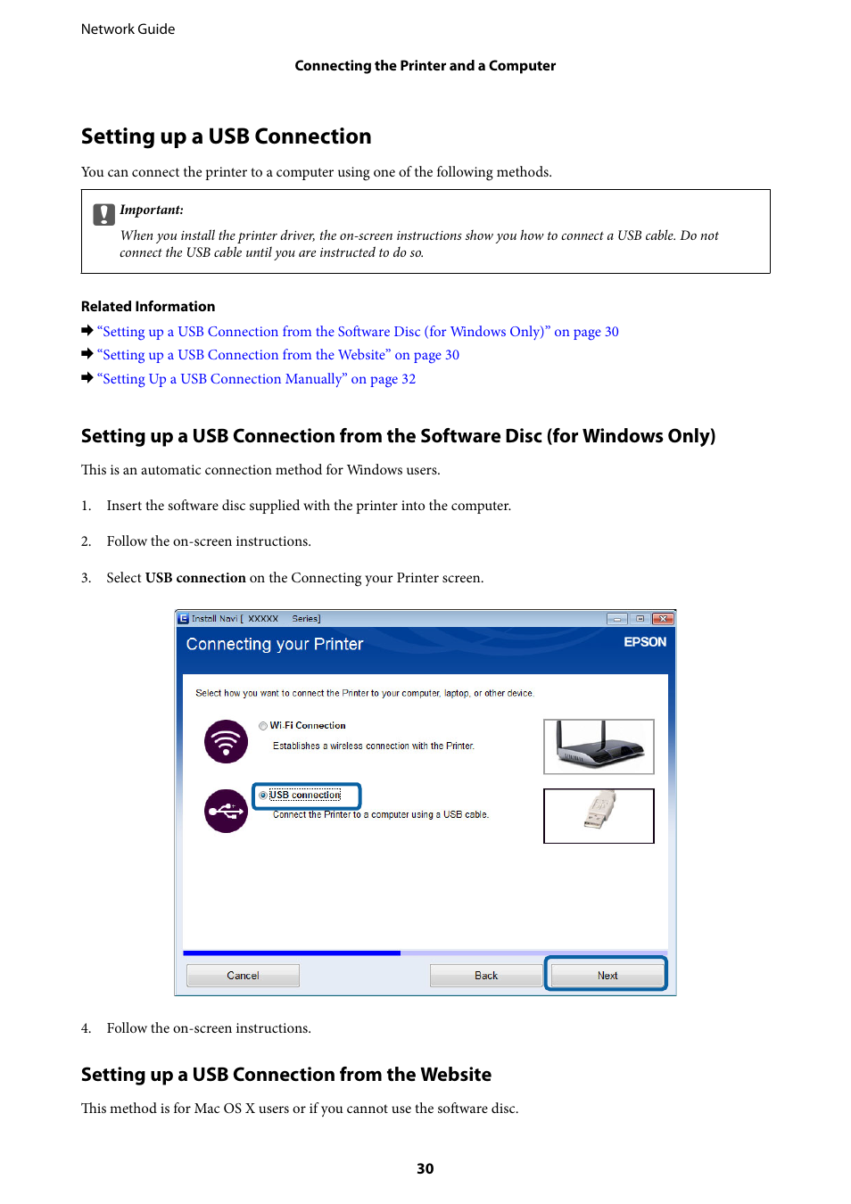 Setting up a usb connection, Setting up a usb connection from the website | Epson Expression Premium XP-635 Refurbished User Manual | Page 30 / 91