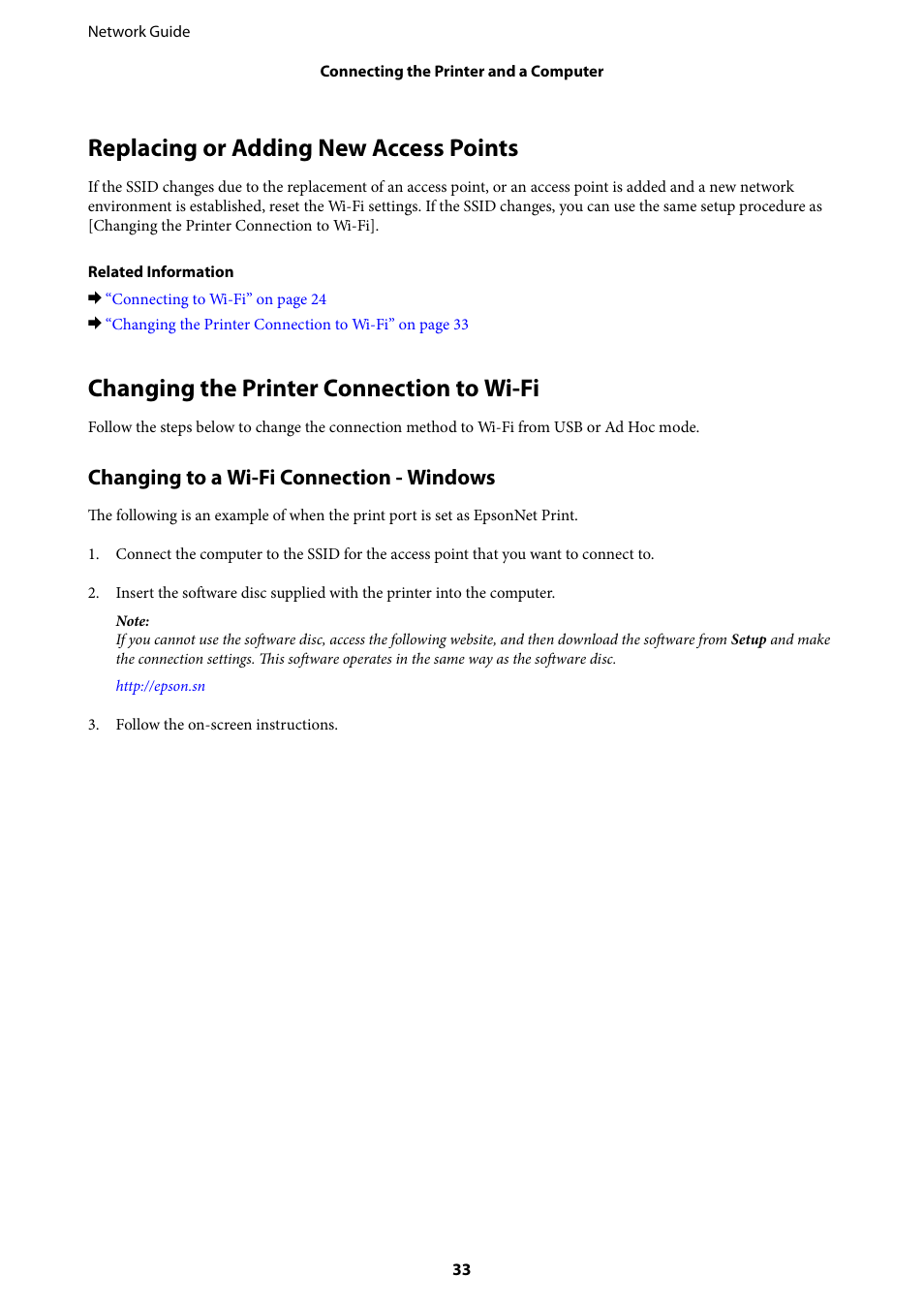 Replacing or adding new access points, Changing the printer connection to wi-fi, Changing to a wi-fi connection - windows | Epson Expression Premium XP-635 Refurbished User Manual | Page 33 / 91