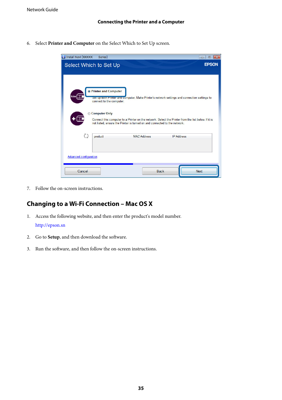 Changing to a wi-fi connection – mac os x | Epson Expression Premium XP-635 Refurbished User Manual | Page 35 / 91