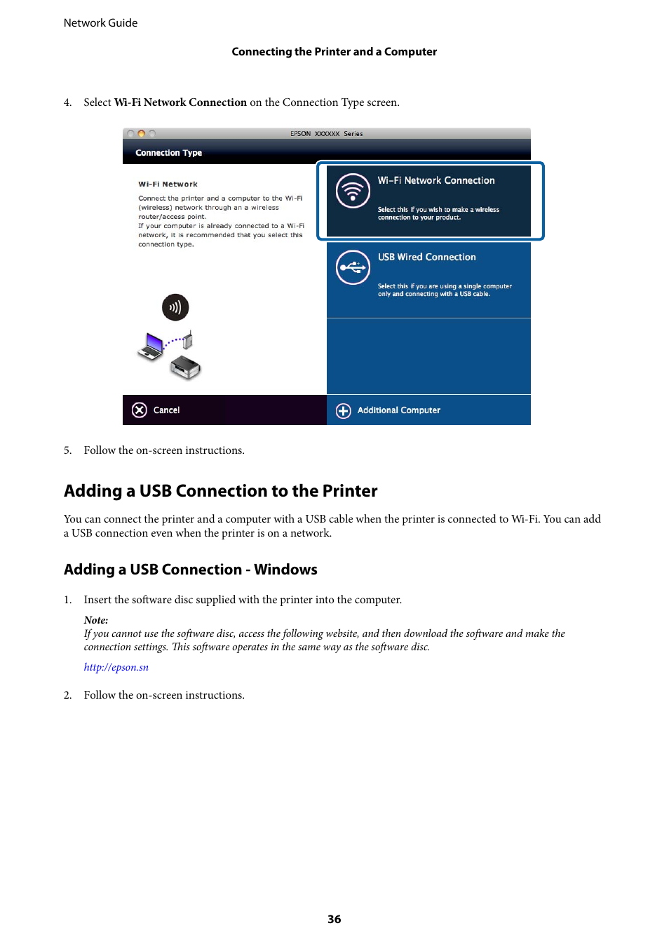 Adding a usb connection to the printer, Adding a usb connection - windows | Epson Expression Premium XP-635 Refurbished User Manual | Page 36 / 91