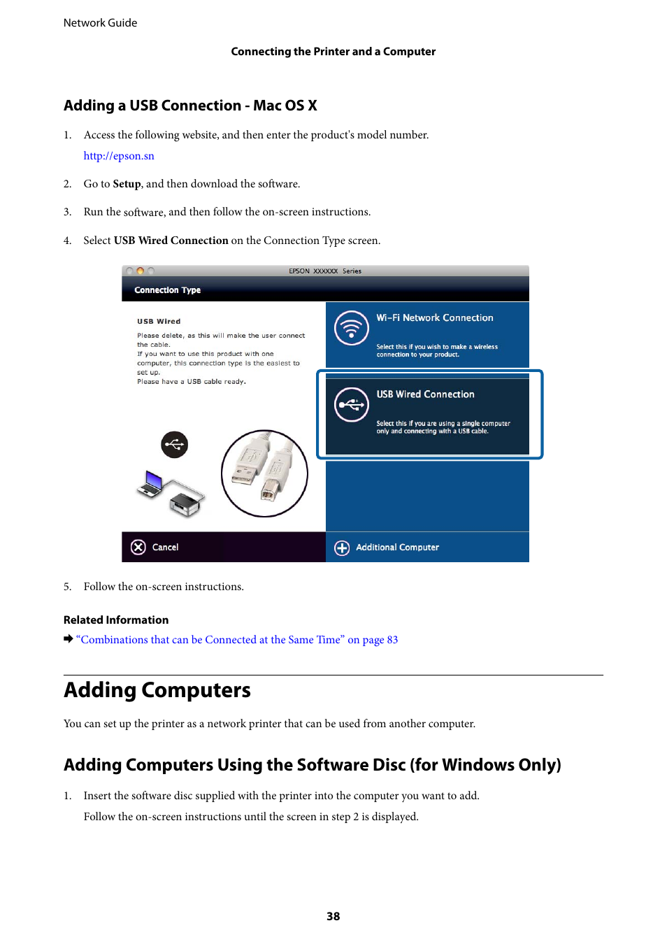 Adding computers, Adding a usb connection - mac os x | Epson Expression Premium XP-635 Refurbished User Manual | Page 38 / 91