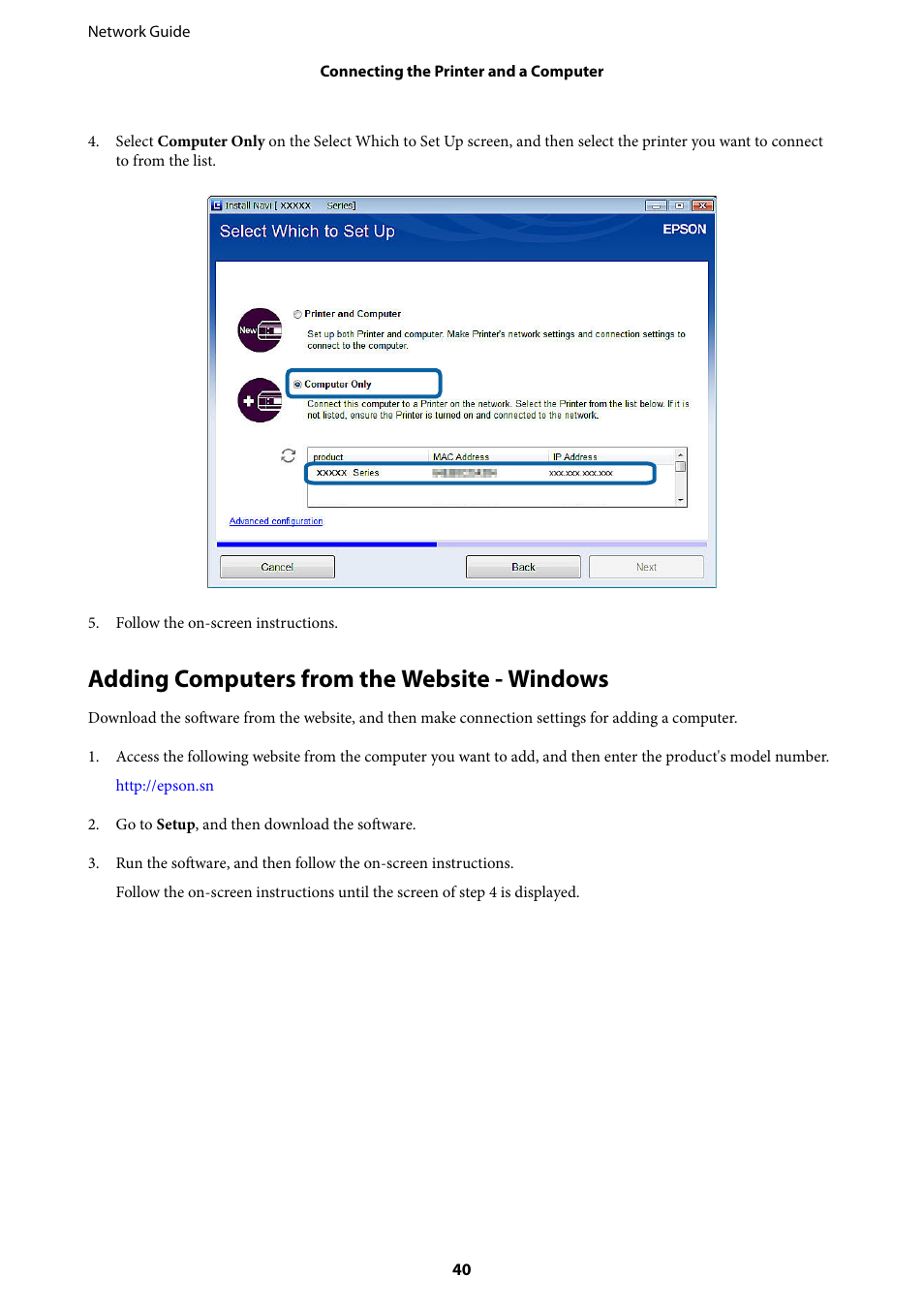 Adding computers from the website - windows | Epson Expression Premium XP-635 Refurbished User Manual | Page 40 / 91