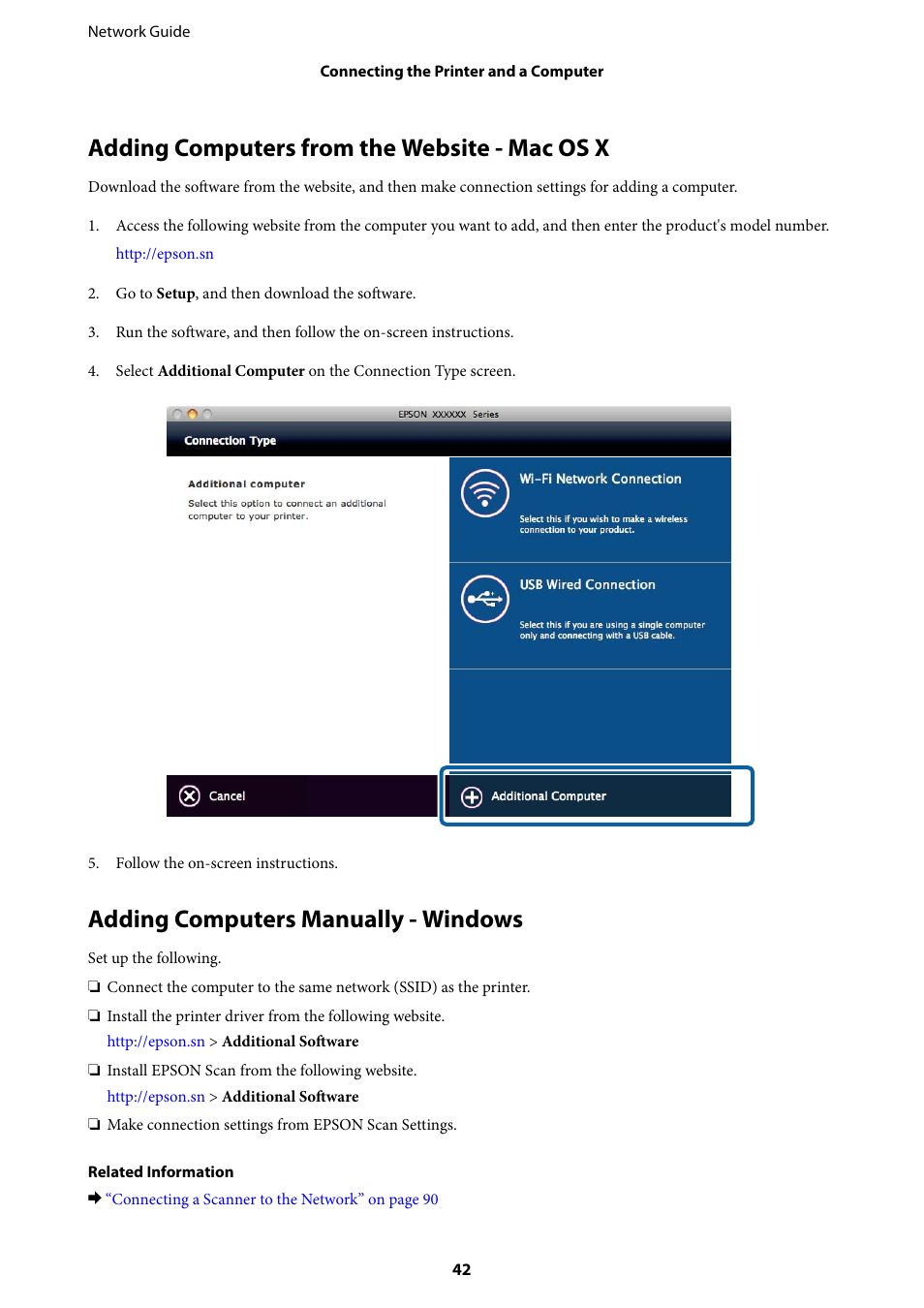 Adding computers from the website - mac os x, Adding computers manually - windows | Epson Expression Premium XP-635 Refurbished User Manual | Page 42 / 91