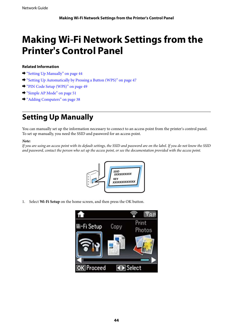 Setting up manually | Epson Expression Premium XP-635 Refurbished User Manual | Page 44 / 91