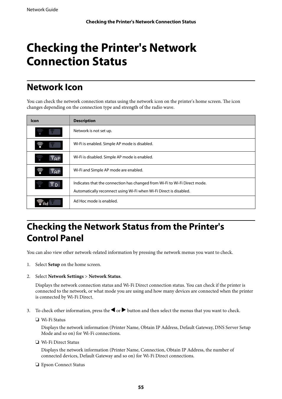 Checking the printer's network connection status, Network icon | Epson Expression Premium XP-635 Refurbished User Manual | Page 55 / 91