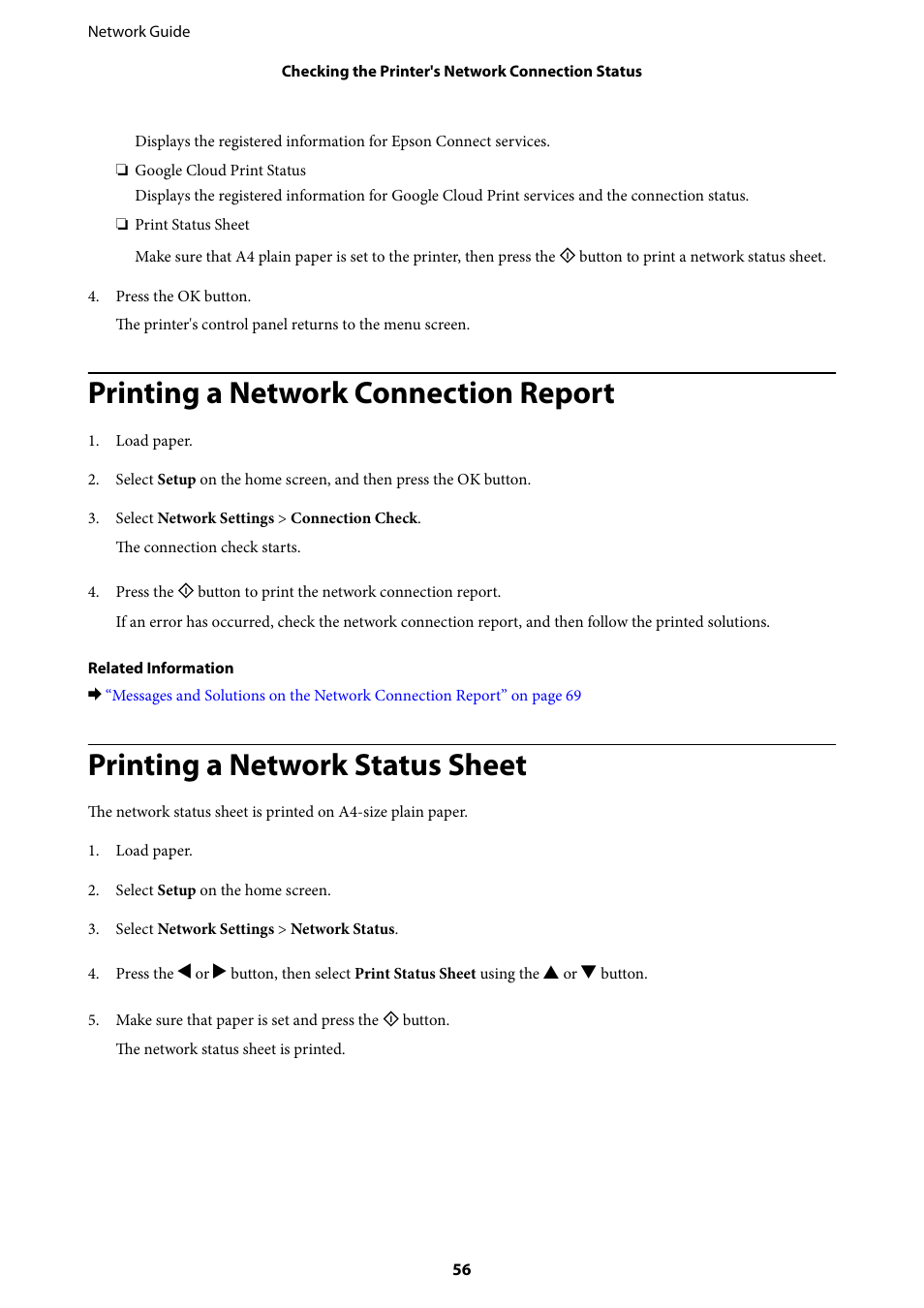 Printing a network connection report, Printing a network status sheet | Epson Expression Premium XP-635 Refurbished User Manual | Page 56 / 91