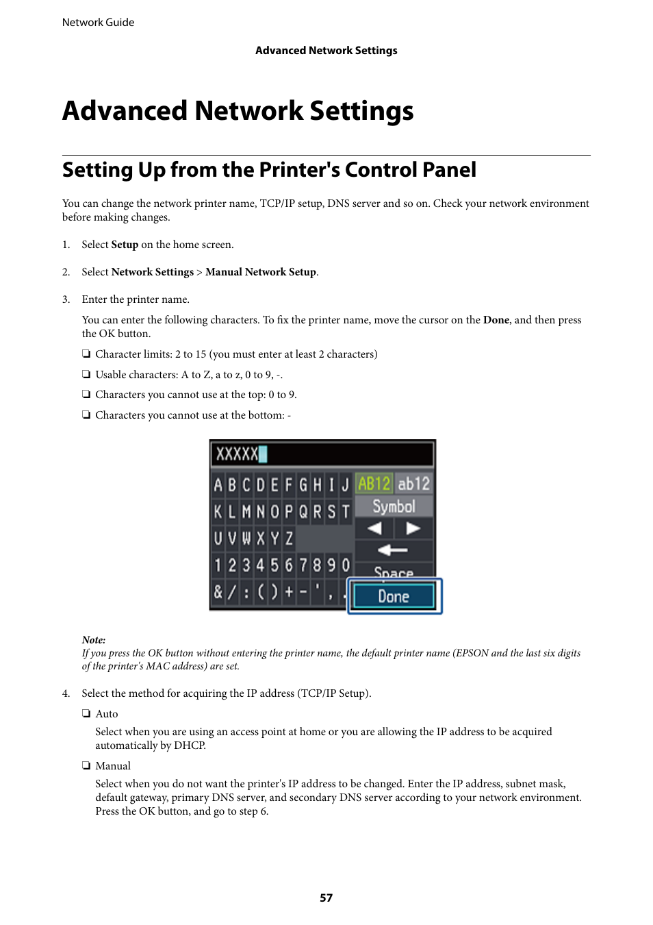Advanced network settings, Setting up from the printer's control panel | Epson Expression Premium XP-635 Refurbished User Manual | Page 57 / 91