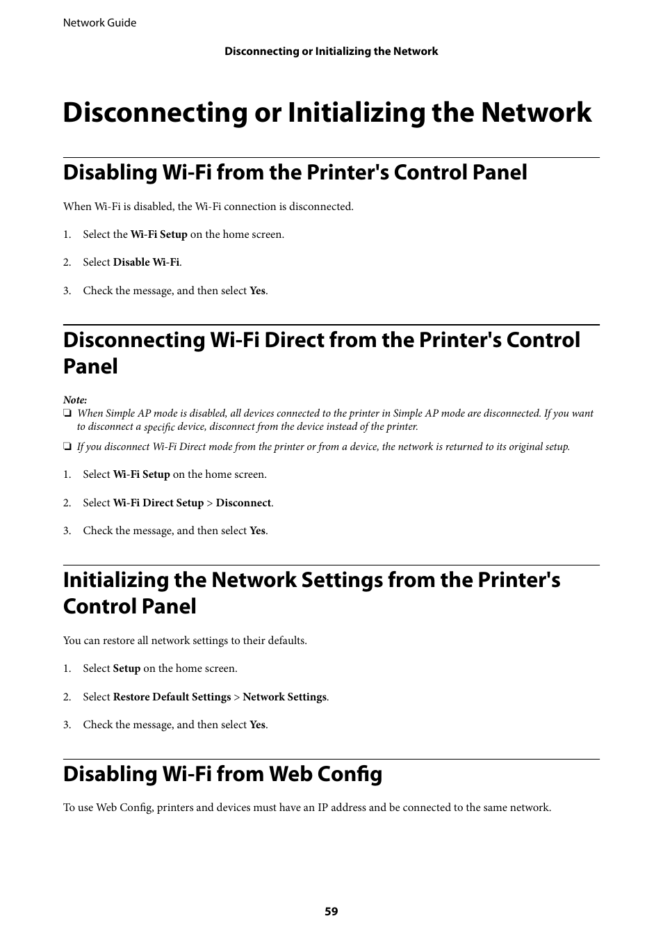 Disconnecting or initializing the network, Disabling wi-fi from the printer's control panel, Disabling wi-fi from web config | Epson Expression Premium XP-635 Refurbished User Manual | Page 59 / 91