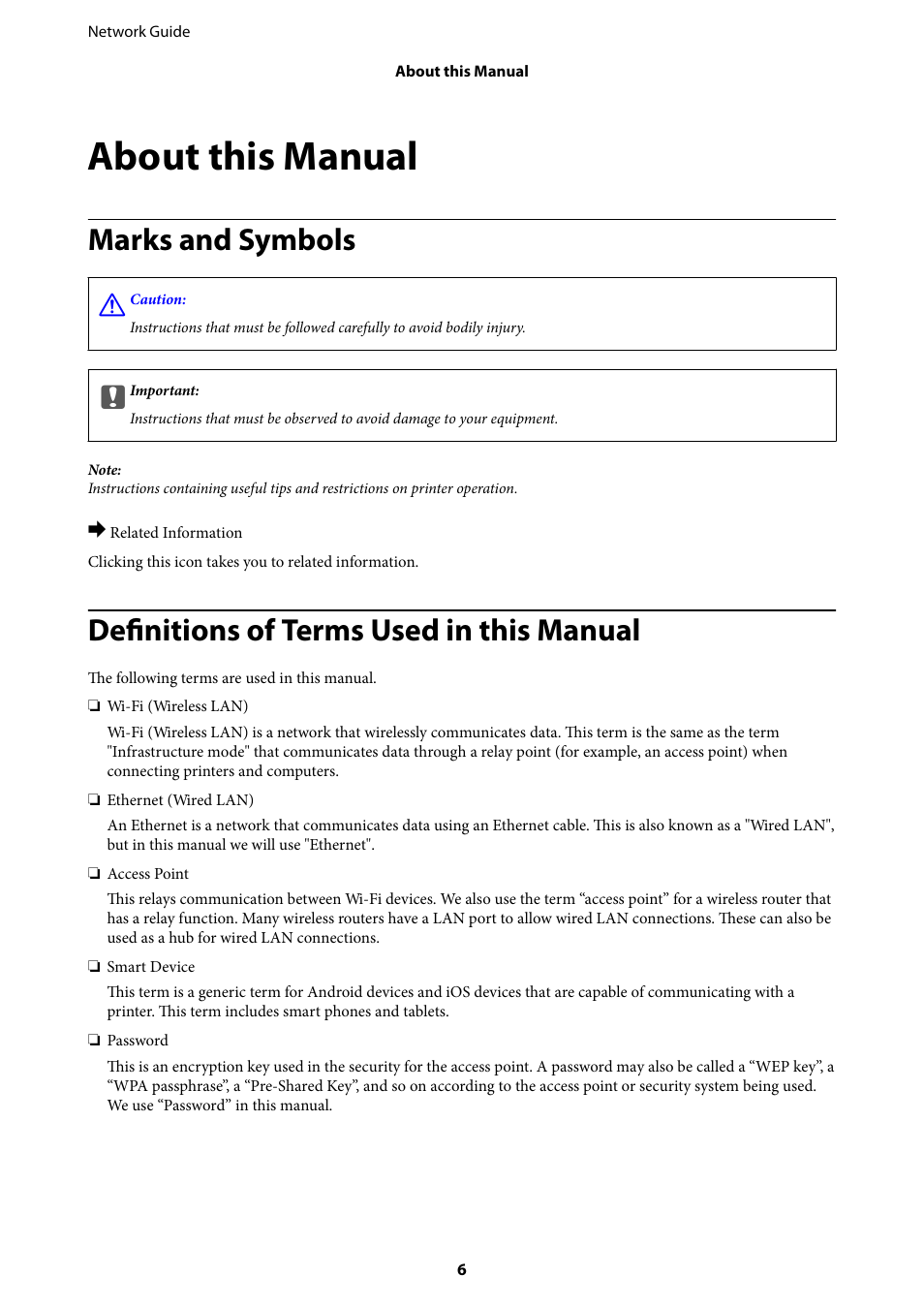 About this manual, Marks and symbols, Definitions of terms used in this manual | Epson Expression Premium XP-635 Refurbished User Manual | Page 6 / 91