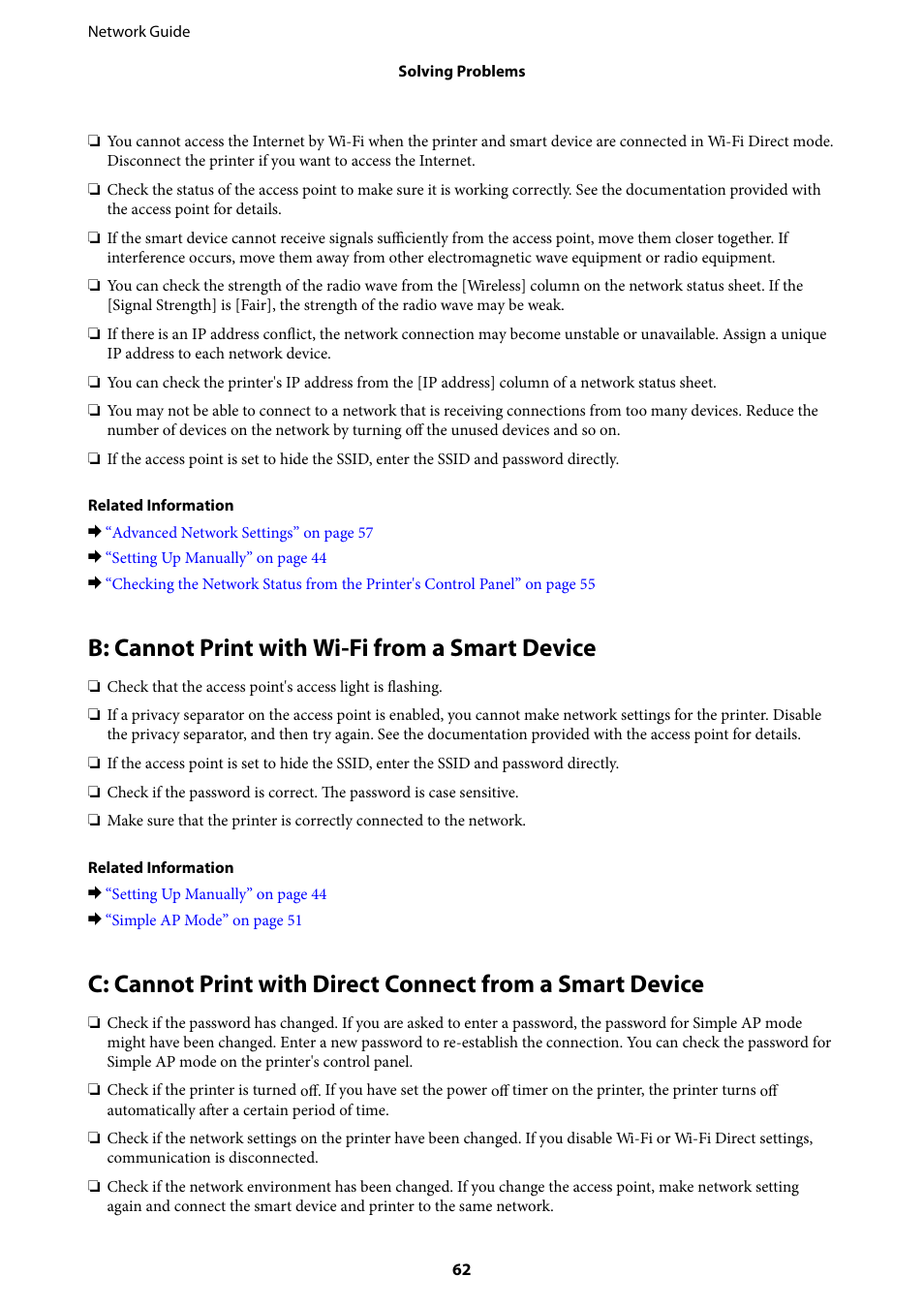 B: cannot print with wi-fi from a smart device | Epson Expression Premium XP-635 Refurbished User Manual | Page 62 / 91