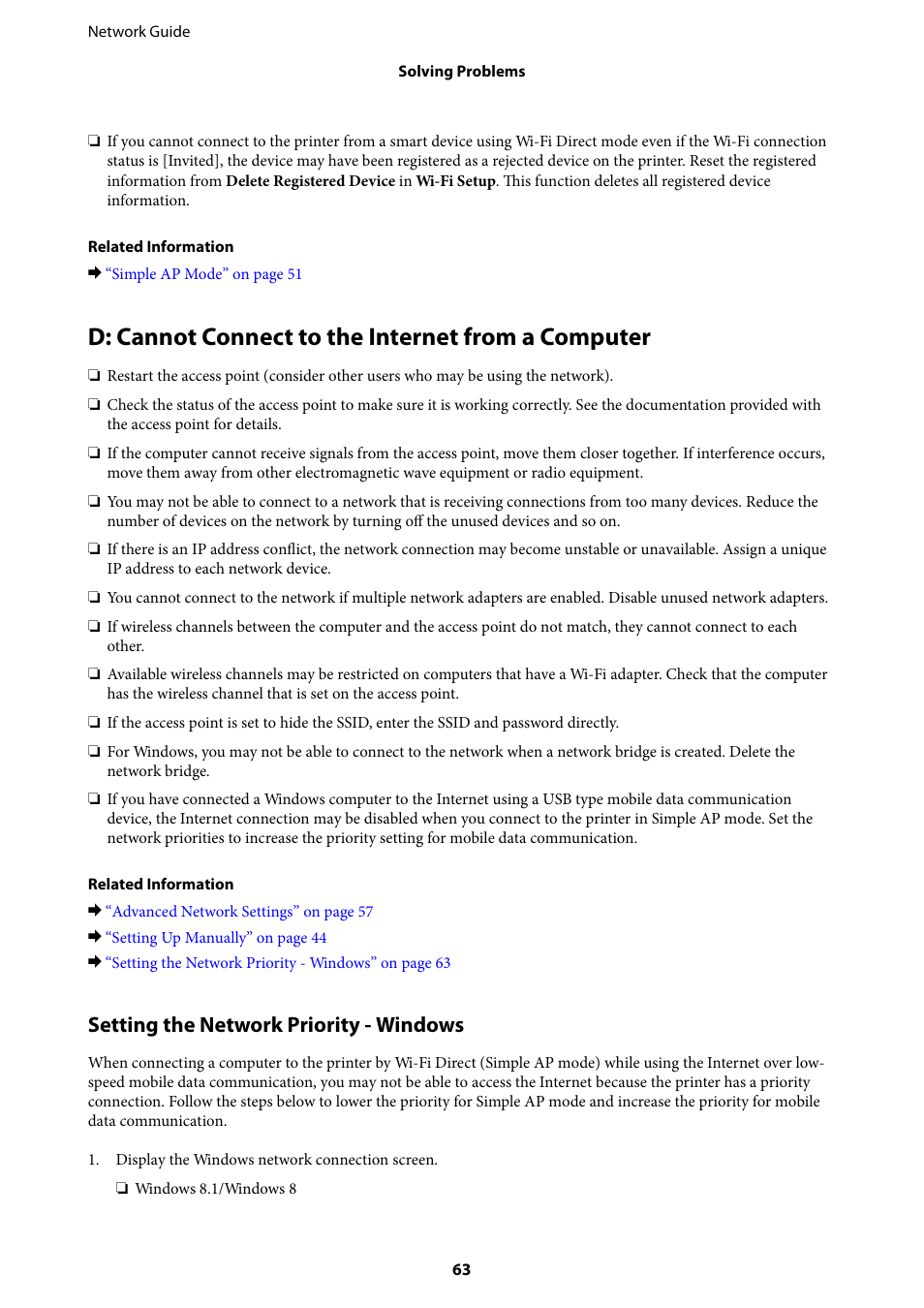 D: cannot connect to the internet from a computer, Setting the network priority - windows | Epson Expression Premium XP-635 Refurbished User Manual | Page 63 / 91