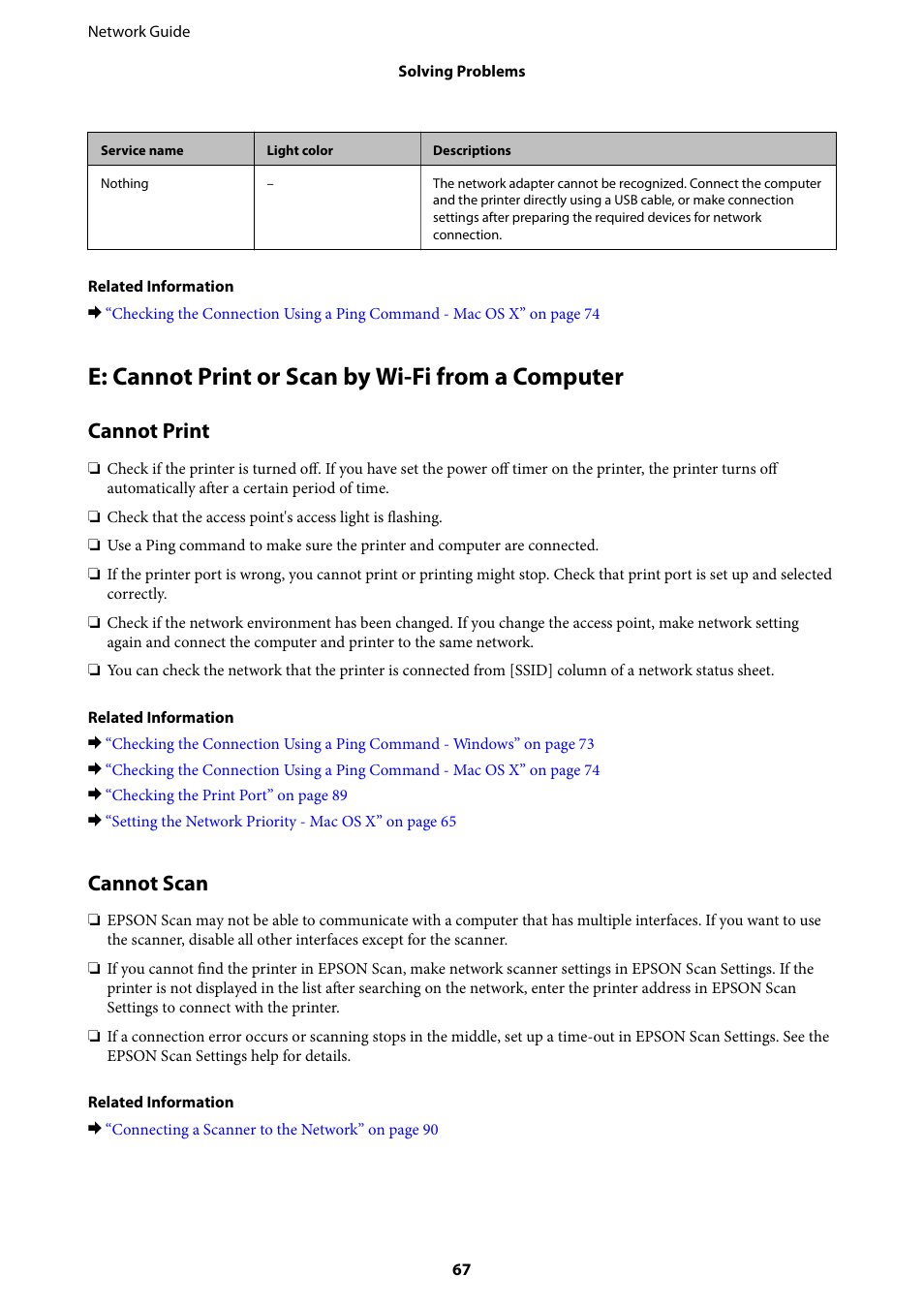 E: cannot print or scan by wi-fi from a computer, Cannot print, Cannot scan | Epson Expression Premium XP-635 Refurbished User Manual | Page 67 / 91