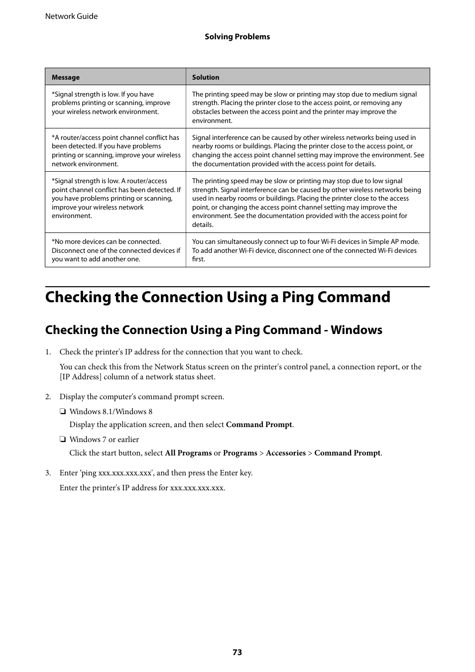 Checking the connection using a ping command | Epson Expression Premium XP-635 Refurbished User Manual | Page 73 / 91