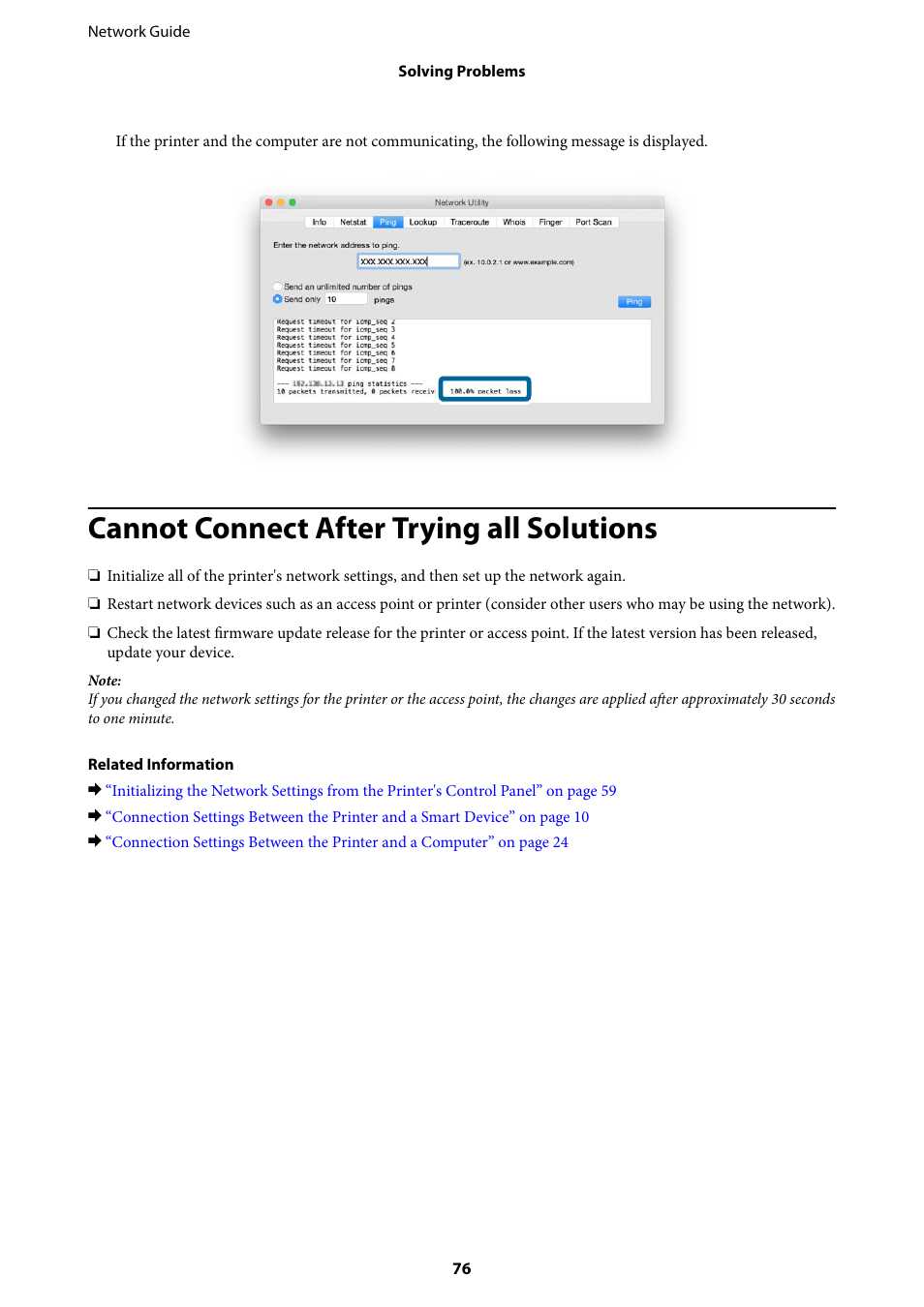 Cannot connect after trying all solutions | Epson Expression Premium XP-635 Refurbished User Manual | Page 76 / 91