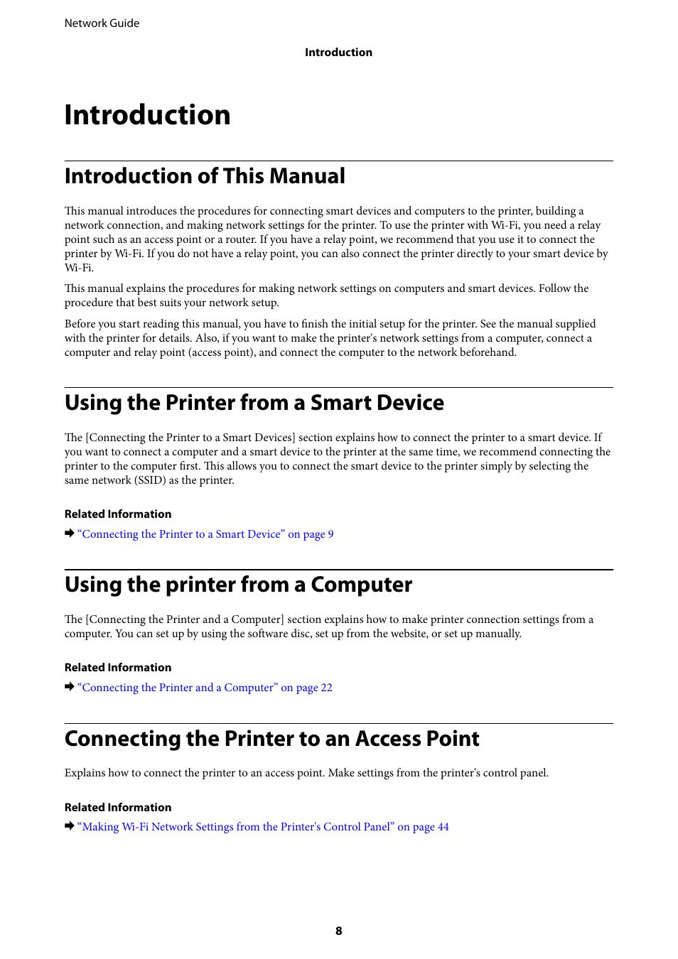 Introduction, Introduction of this manual, Using the printer from a smart device | Using the printer from a computer, Connecting the printer to an access point | Epson Expression Premium XP-635 Refurbished User Manual | Page 8 / 91