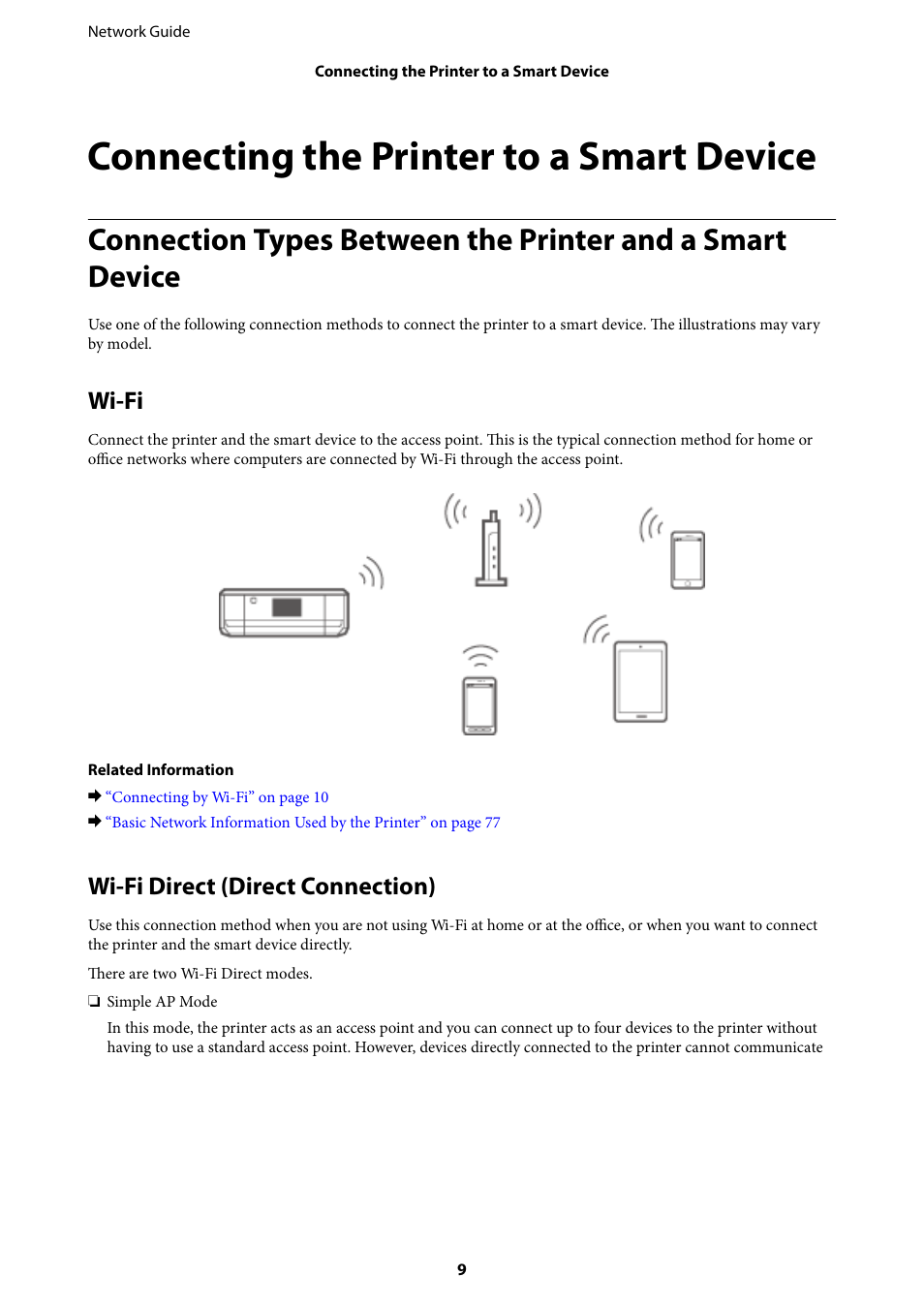 Connecting the printer to a smart device, Wi-fi, Wi-fi direct (direct connection) | Wi-fi wi-fi direct (direct connection) | Epson Expression Premium XP-635 Refurbished User Manual | Page 9 / 91