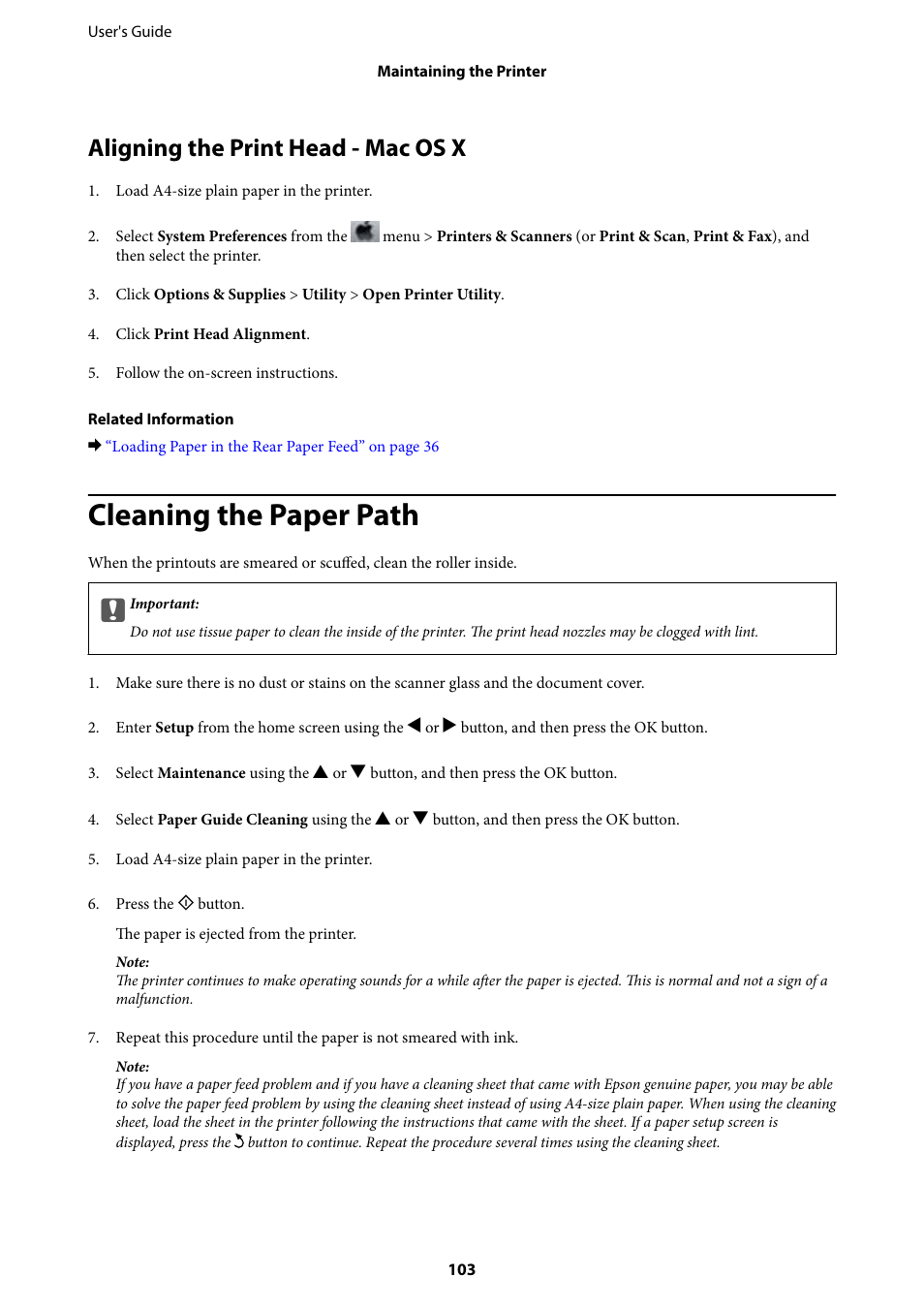 Aligning the print head - mac os x, Cleaning the paper path | Epson Expression Home XP-342 User Manual | Page 103 / 162