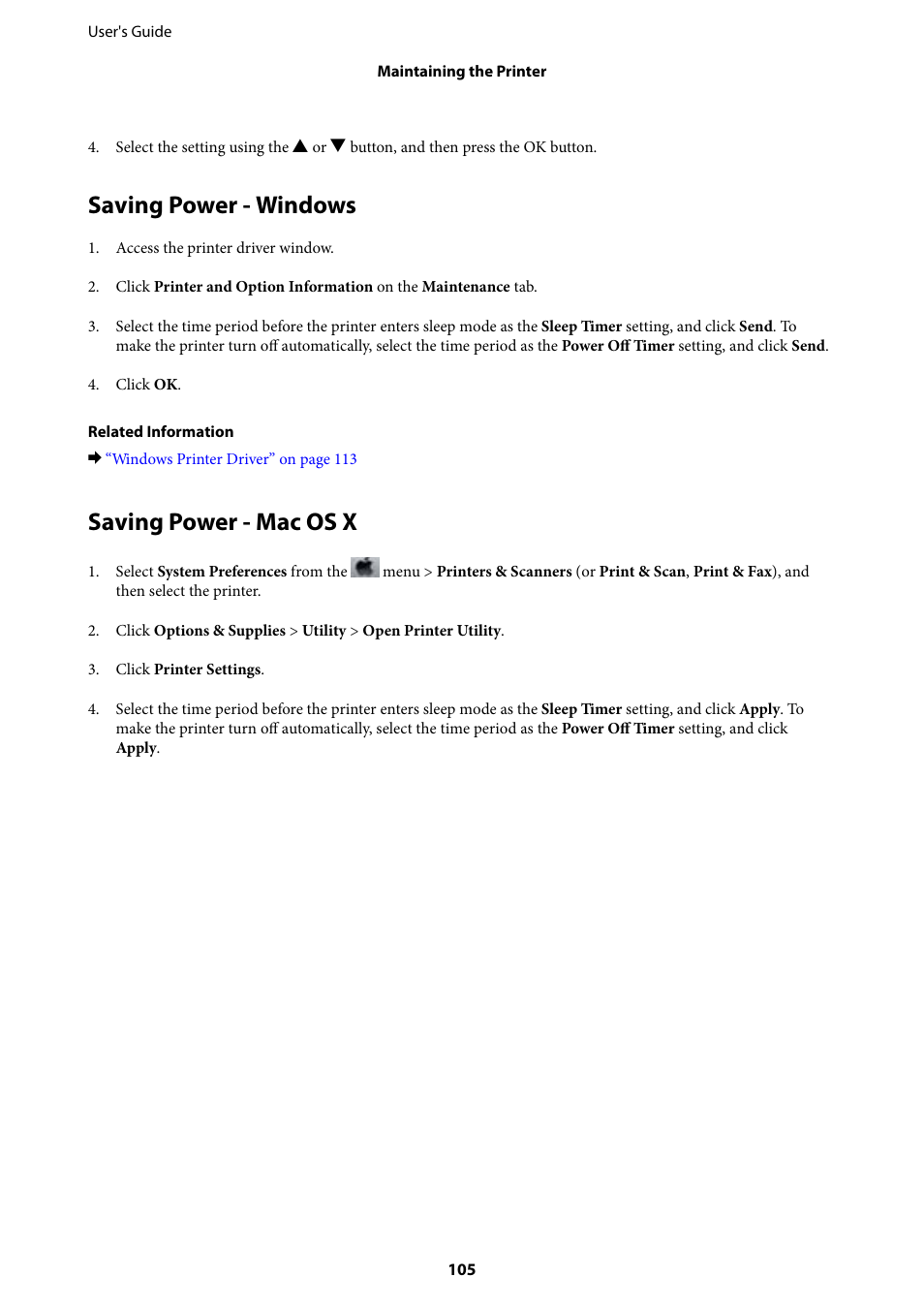 Saving power - windows, Saving power - mac os x, Saving power - windows saving power - mac os x | Epson Expression Home XP-342 User Manual | Page 105 / 162